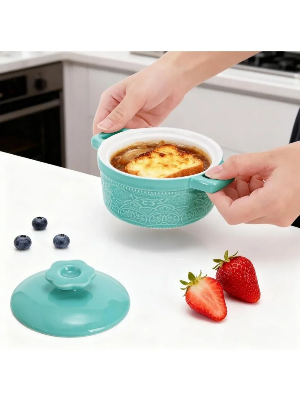 Set of 6 Mini Cocotte Ramekins with Lids - Oven Safe Ceramic Casserole Dishes, 8